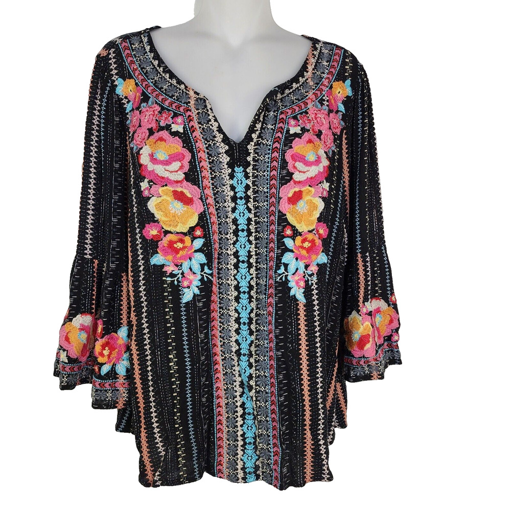 Top Women Medium Floral Embroidered 3/4 Bell Sleeve Boho Peasant Colorful Stripe